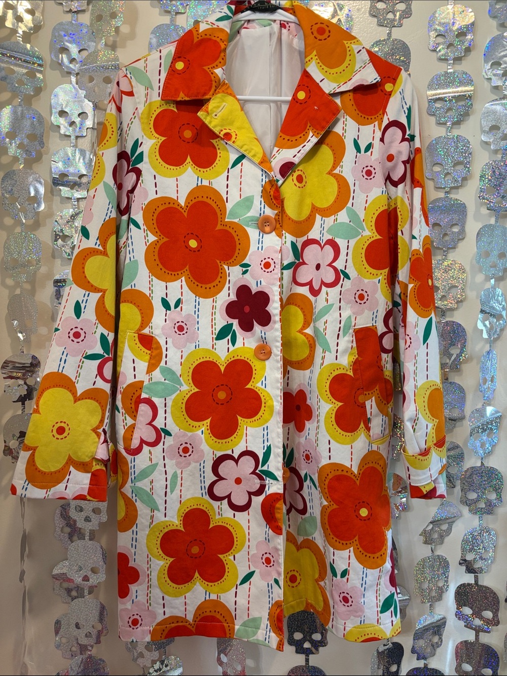 Harve Benard White Trench Coat with Orange & Yellow Floral Print